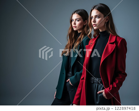 Models showcase stylish outfits in a studio setting during a fashion photoshoot 122897418
