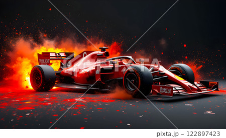 Ferrari racing car in dynamic display with vibrant colors and explosive background at a motorsport event 122897423