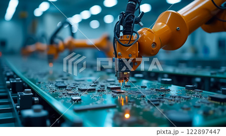 Robot arms assembling circuit boards in a high-tech manufacturing facility during daytime 122897447