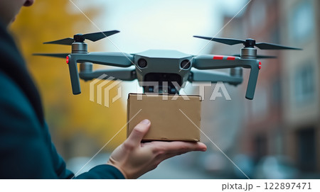 Delivery drone hovers over hand holding small cardboard box in urban setting during cloudy day Delivery drone hovers over hand holding small cardboard box in urban setting during cloudy day 122897471
