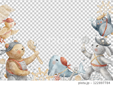 Frame pirates animals, bear, penguin, parrot, rabbit, brush, soap, loofah. Watercolor hand drawn illustration in cartoon style. Template for card design, party decoration, birthday, bath, shower 122897784