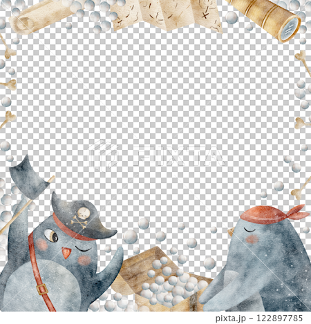 Frame watercolor pirates penguins, bubble chest, map, spyglass. Illustration hand drawn in cartoon style. Template for card design, party decoration, birthday, bath, shower, invitations 122897785