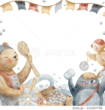 Frame with pirates bear, penguin, parrot, chest, brush, soap. Watercolor hand drawn illustration in cartoon style. Template for design of postcard, decoration of party, birthday, holiday, invitations 122897788