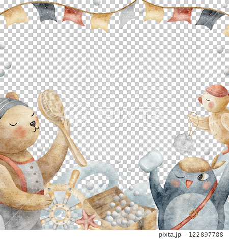 Frame with pirates bear, penguin, parrot, chest, brush, soap. Watercolor hand drawn illustration in cartoon style. Template for design of postcard, decoration of party, birthday, holiday, invitations 122897788