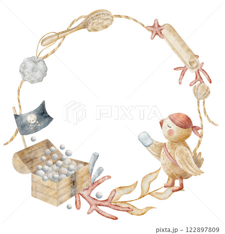 Wreath watercolor pirate sailor parrot, chest of bubbles, brush, soap, seashells, seaweed, corals. Illustration for template, decoration children's, holiday, invitation cards, greeting posters Wreath watercolor pirate sailor parrot, chest of bubbles, brush, soap, seashells, seaweed, corals. Illustration for template, decoration children's, holiday, invitation cards, greeting posters 122897809