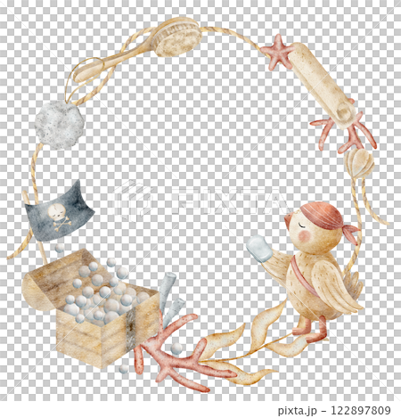 Wreath watercolor pirate sailor parrot, chest of bubbles, brush, soap, seashells, seaweed, corals. Illustration for template, decoration children's, holiday, invitation cards, greeting posters Wreath watercolor pirate sailor parrot, chest of bubbles, brush, soap, seashells, seaweed, corals. Illustration for template, decoration children's, holiday, invitation cards, greeting posters 122897809