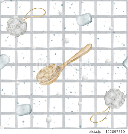 Watercolor gray checkered pattern in nautical style with shower brush, bath soap, loofah. Hand drawn illustration on white. Seamless print for textile, fabric, packaging, clothes, wallpaper, print Watercolor gray checkered pattern in nautical style with shower brush, bath soap, loofah. Hand drawn illustration on white. Seamless print for textile, fabric, packaging, clothes, wallpaper, print 122897810