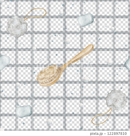 Watercolor gray checkered pattern in nautical style with shower brush, bath soap, loofah. Hand drawn illustration on white. Seamless print for textile, fabric, packaging, clothes, wallpaper, print Watercolor gray checkered pattern in nautical style with shower brush, bath soap, loofah. Hand drawn illustration on white. Seamless print for textile, fabric, packaging, clothes, wallpaper, print 122897810