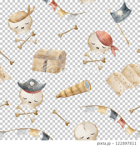 Watercolor pattern pirates, sailors skulls, bones, chest, map, spyglass. Children's illustration, hand-drawn in cartoon style. Isolated on white background fabric, textile, packaging, clothes, paper 122897811