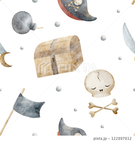 Watercolor pattern for boys, pirates symbol, skull, chest, sword, bomb, captain's cap. Hand drawn illustration in children's style. Isolated for fabric, textile, packaging, clothes, wallpaper, paper Watercolor pattern for boys, pirates symbol, skull, chest, sword, bomb, captain's cap. Hand drawn illustration in children's style. Isolated for fabric, textile, packaging, clothes, wallpaper, paper 122897812