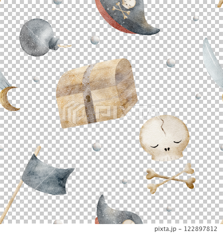 Watercolor pattern for boys, pirates symbol, skull, chest, sword, bomb, captain's cap. Hand drawn illustration in children's style. Isolated for fabric, textile, packaging, clothes, wallpaper, paper Watercolor pattern for boys, pirates symbol, skull, chest, sword, bomb, captain's cap. Hand drawn illustration in children's style. Isolated for fabric, textile, packaging, clothes, wallpaper, paper 122897812