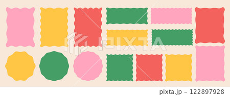 Colored geometric frames with scallop edges set. Trendy silhouette rectangle, circle, square borders. Colored geometric frames with scallop edges set. Trendy silhouette rectangle, circle, square borders. 122897928