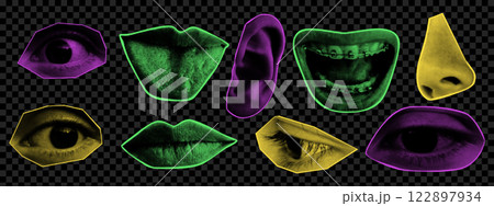 Set of retro style paper cut halftone eyes, lips and ear. Y2K collage design. Contemporary vector illustration. 122897934