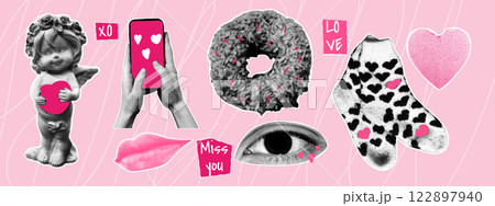 Valentine's Day collage elements set. Angel, lip, eye, socks, heart, donut. Retro halftone effect. 122897940
