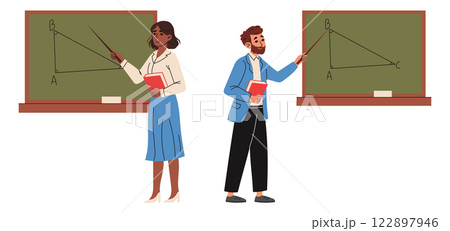 Set of school teachers stand at the blackboard and explains the material. Hand drawn illustration Set of school teachers stand at the blackboard and explains the material. Hand drawn illustration 122897946