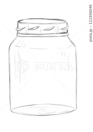 Black and White Illustration with Empty Glass Jar with Thread, Sketch Clip Art for Print, Fabric, Web and Textile 122898046