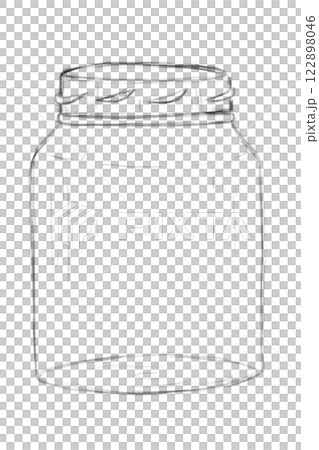 Black and White Illustration with Empty Glass Jar with Thread, Sketch Clip Art for Print, Fabric, Web and Textile 122898046