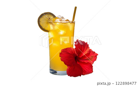 真夏、南国をイメージした冷たいドリンクとハイビスカス 122898477