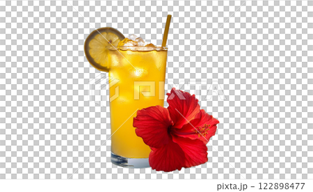 真夏、南国をイメージした冷たいドリンクとハイビスカス 122898477