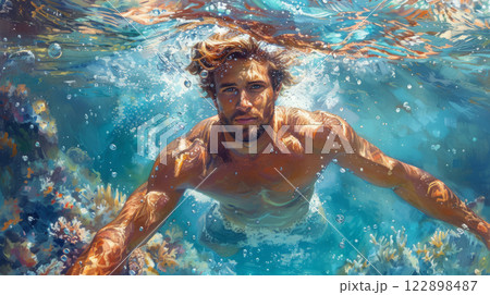 Handsome man swimming in crystal clear ocean 122898487