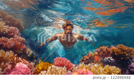 Underwater man swimming among vibrant corals 122898488