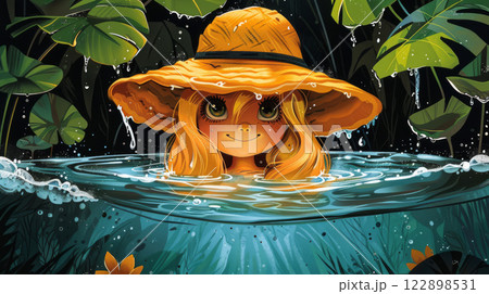 Smiling blonde cartoon girl in tropical water garden 122898531