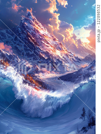 Massive ocean wave colliding with snowy mountain landscape 122898532