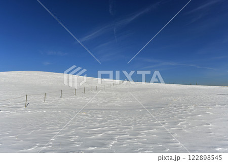 厳冬の牧場の雪景色と群青色の空 厳冬の牧場の雪景色と群青色の空 122898545