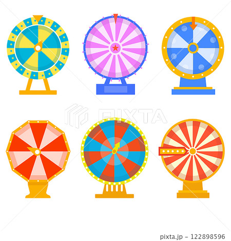 Set Of Colorful Wheel Of Fortune Games Featuring Vibrant Patterns, Arrows,Blank wheel, Lucky ,Vector illustrations. Set Of Colorful Wheel Of Fortune Games Featuring Vibrant Patterns, Arrows,Blank wheel, Lucky ,Vector illustrations. 122898596