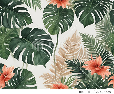 Modern Tropical Monstera Leaves with Coral Flower | Botanical Wall Art 122898729