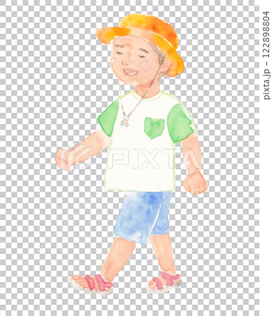 帶著微笑行走的男孩 手繪水彩插圖 122898804