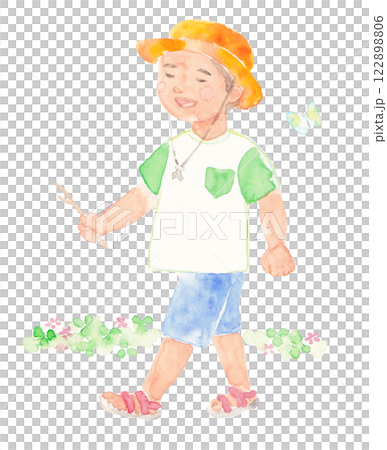 帶著微笑行走的男孩 手繪水彩插圖 帶著微笑行走的男孩 手繪水彩插圖 122898806