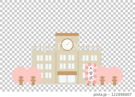 学校の校舎　入学式　看板　桜の木　イラスト 122898807