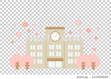 學校建築和櫻花樹插圖 122898808