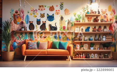 A colorful room with a couch and shelves full of knick knacks 122899001