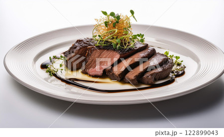 A plate of meat with a sauce and garnish 122899043