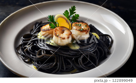 A plate of spaghetti with shrimp and parsley on top 122899049