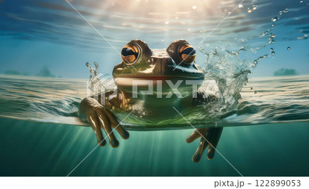A frog is swimming in the water with its eyes closed A frog is swimming in the water with its eyes closed 122899053