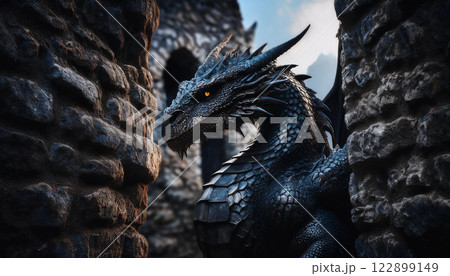A black dragon is standing in front of a stone wall A black dragon is standing in front of a stone wall 122899149