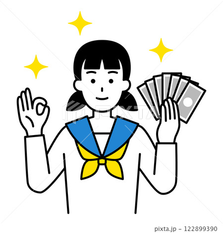 お金を持ってOKサインをする女子学生 122899390