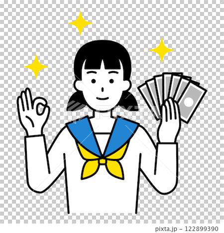 お金を持ってOKサインをする女子学生 122899390