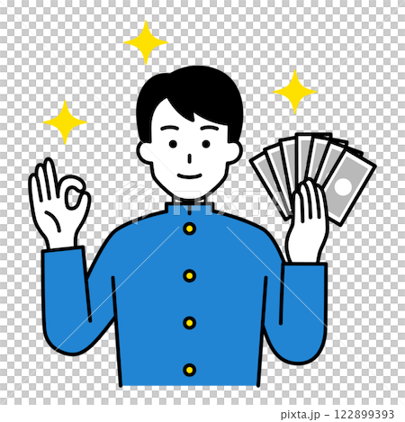 お金を持ってOKサインをする男子学生 122899393