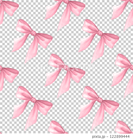 Coquette Bows in pastel pink color. Watercolor isolated hand drawn seamless pattern of delicate trendy accessory. Girly and lady style. For cutecore, romantic design, textile, wrapping, scrapbooking. Coquette Bows in pastel pink color. Watercolor isolated hand drawn seamless pattern of delicate trendy accessory. Girly and lady style. For cutecore, romantic design, textile, wrapping, scrapbooking. 122899444