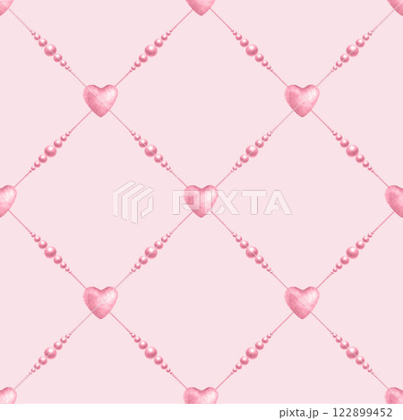 Coquette hearts and beads in pastel pink color. Watercolor seamless pattern of pendants diagonally hand drawn on pink for cutecore, romantic design, textile, wrapping, fabric and scrapbooking paper. Coquette hearts and beads in pastel pink color. Watercolor seamless pattern of pendants diagonally hand drawn on pink for cutecore, romantic design, textile, wrapping, fabric and scrapbooking paper. 122899452
