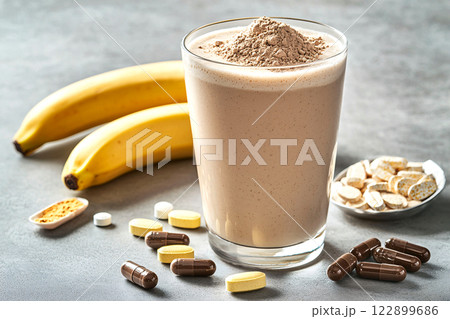 A banana smoothie garnished with powdered vitamins, surrounded by fresh, raw organic ingredients  A banana smoothie garnished with powdered vitamins, surrounded by fresh, raw organic ingredients  122899686