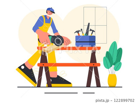 Carpentry Workshop Vector Illustration featuring Woodworking DIY, Wood Boards, Furniture Making, and a Craftsman Working with Timber in a Background 122899702