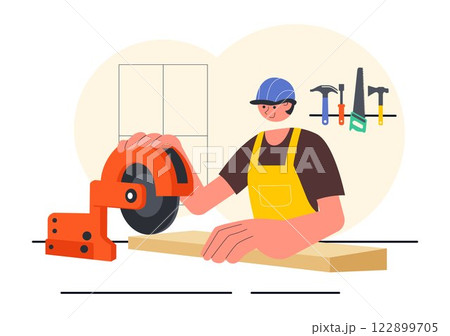 Carpentry Workshop Vector Illustration featuring Woodworking DIY, Wood Boards, Furniture Making, and a Craftsman Working with Timber in a Background 122899705