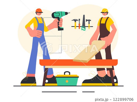 Carpentry Workshop Vector Illustration featuring Woodworking DIY, Wood Boards, Furniture Making, and a Craftsman Working with Timber in a Background 122899706