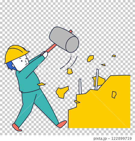 ハンマーで壁を叩いて解体を行う作業員男性 ハンマーで壁を叩いて解体を行う作業員男性 122899719