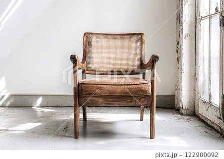 With a handwoven cane backrest, a vintage wooden armchair showcases the enduring charm 122900092